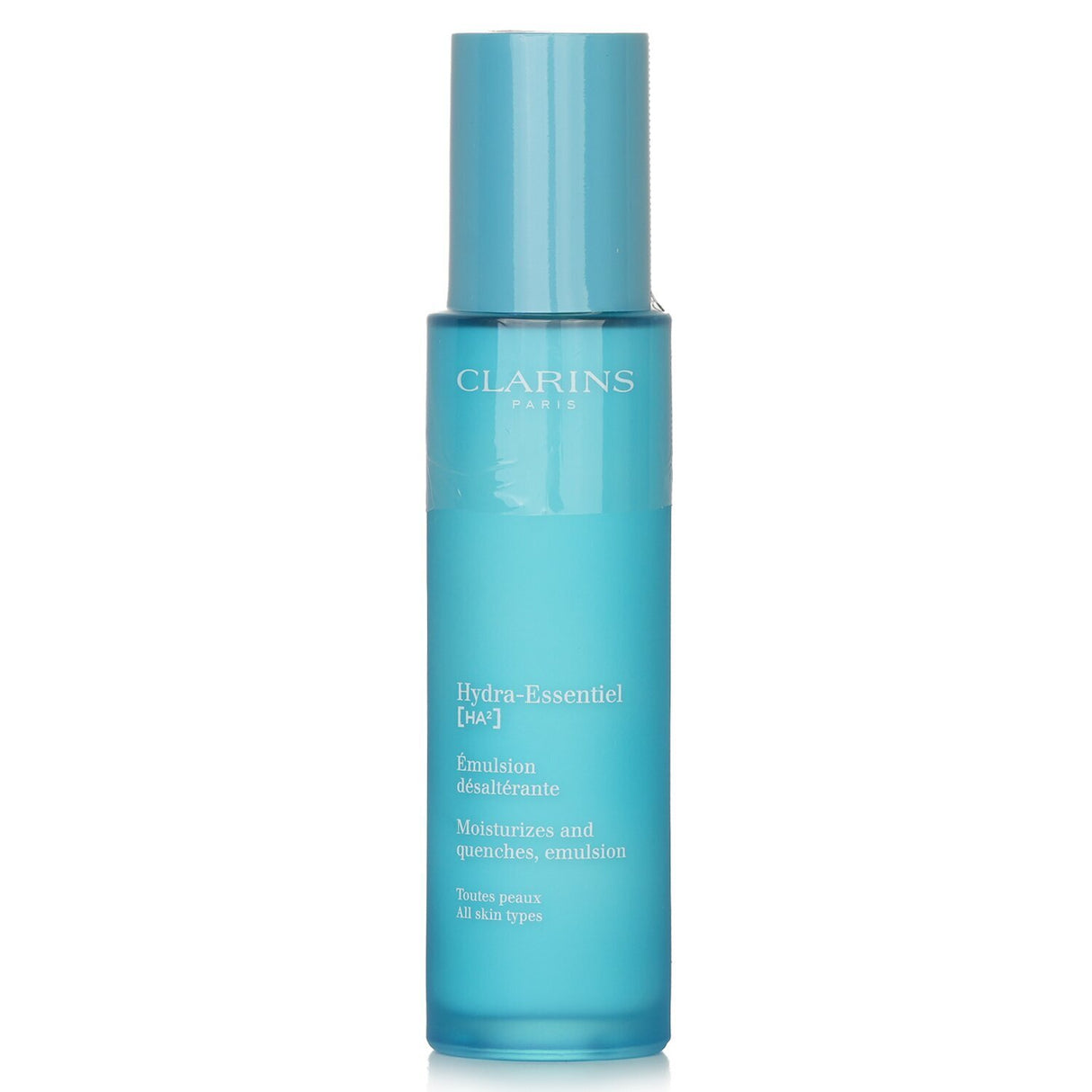 Lightweight Clarins Hydra-Essentiel emulsion for deep hydration with organic Leaf of Life extract; suitable for all skin types.