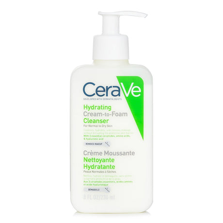 CeraVe Hydrating Cream-To-Foam Cleanser in 236ml, transforms cream into foam for gentle cleansing without stripping moisture.