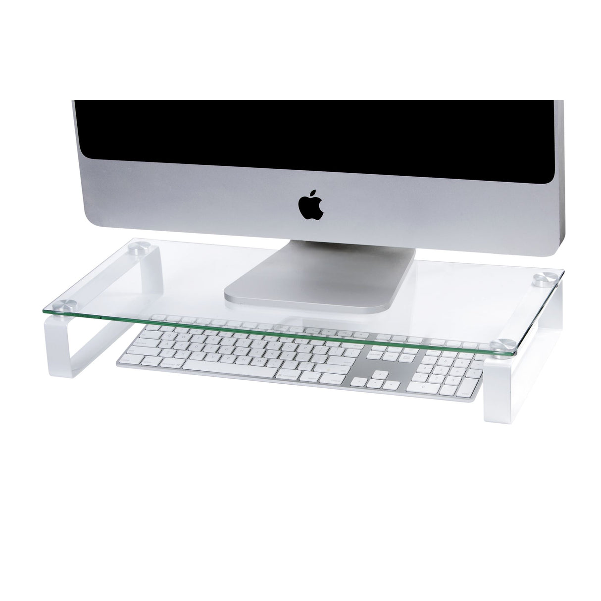 Sleek 60cm glass monitor stand with white legs, ergonomically designed to enhance workspace and reduce muscle fatigue.