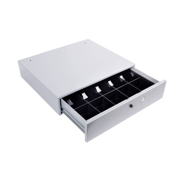 Esselte Cash Drawer Large Grey with cylinder lock, 5 note compartments, 5 coin slots, and 1-touch release for secure cash management.