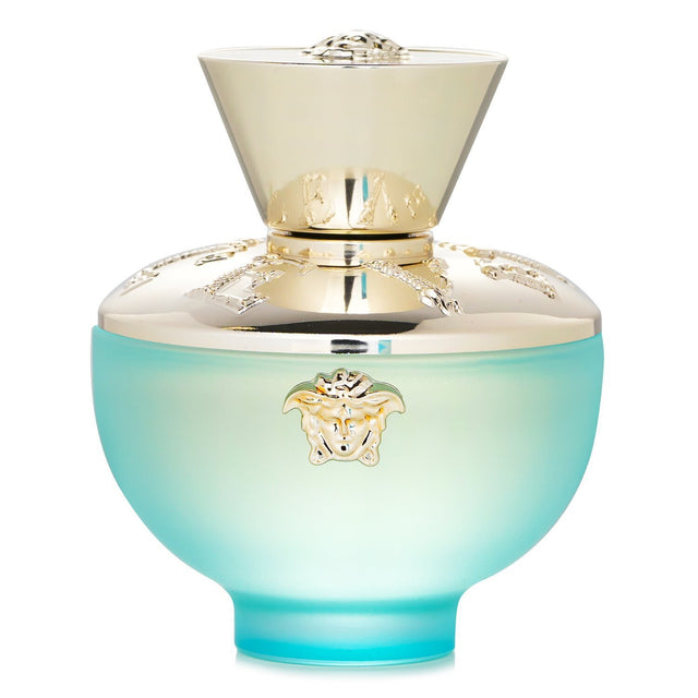 Versace Dylan Turquoise Eau De Toilette, a floral fruity scent with notes of mandarin, jasmine, and cedar, ideal for summer wear.