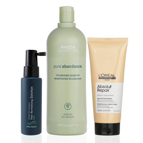 "Pelo Baum revitalizing solution and Aveda volumizing shampoo set for rejuvenating and enhancing hair volume."