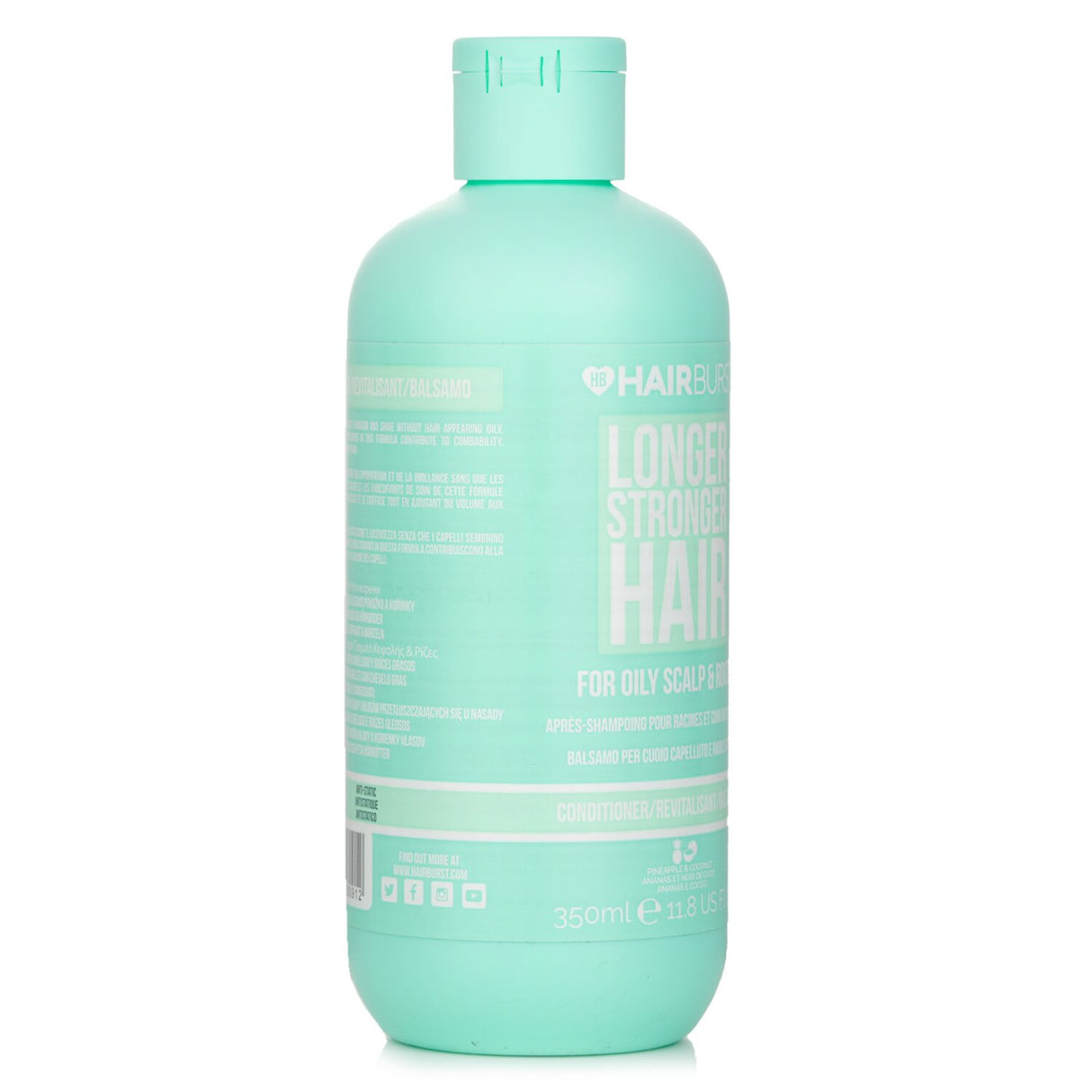 Hairburst Pineapple & Coconut Conditioner, 350ml, revitalizes oily scalp, reduces frizz, and enhances shine with fruity fragrance.