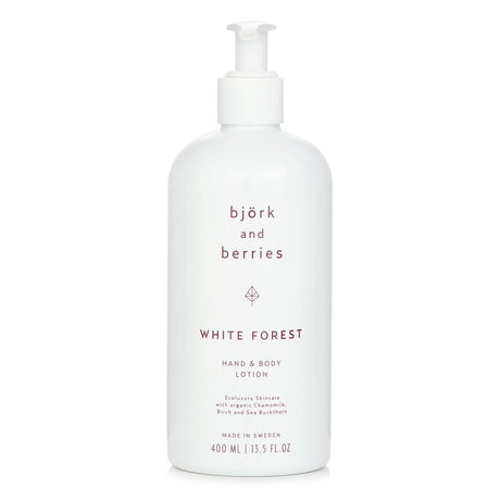 Luxurious 400ml hand and body lotion with organic ingredients, providing deep hydration and a winter forest scent.