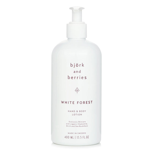 Luxurious 400ml hand and body lotion with organic ingredients, providing deep hydration and a winter forest scent.