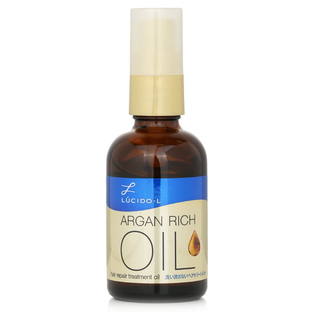 Lucido-L Argan Oil Treatment Oil in 60ml, revitalizing damaged hair with shine, heat protection, and a floral scent.