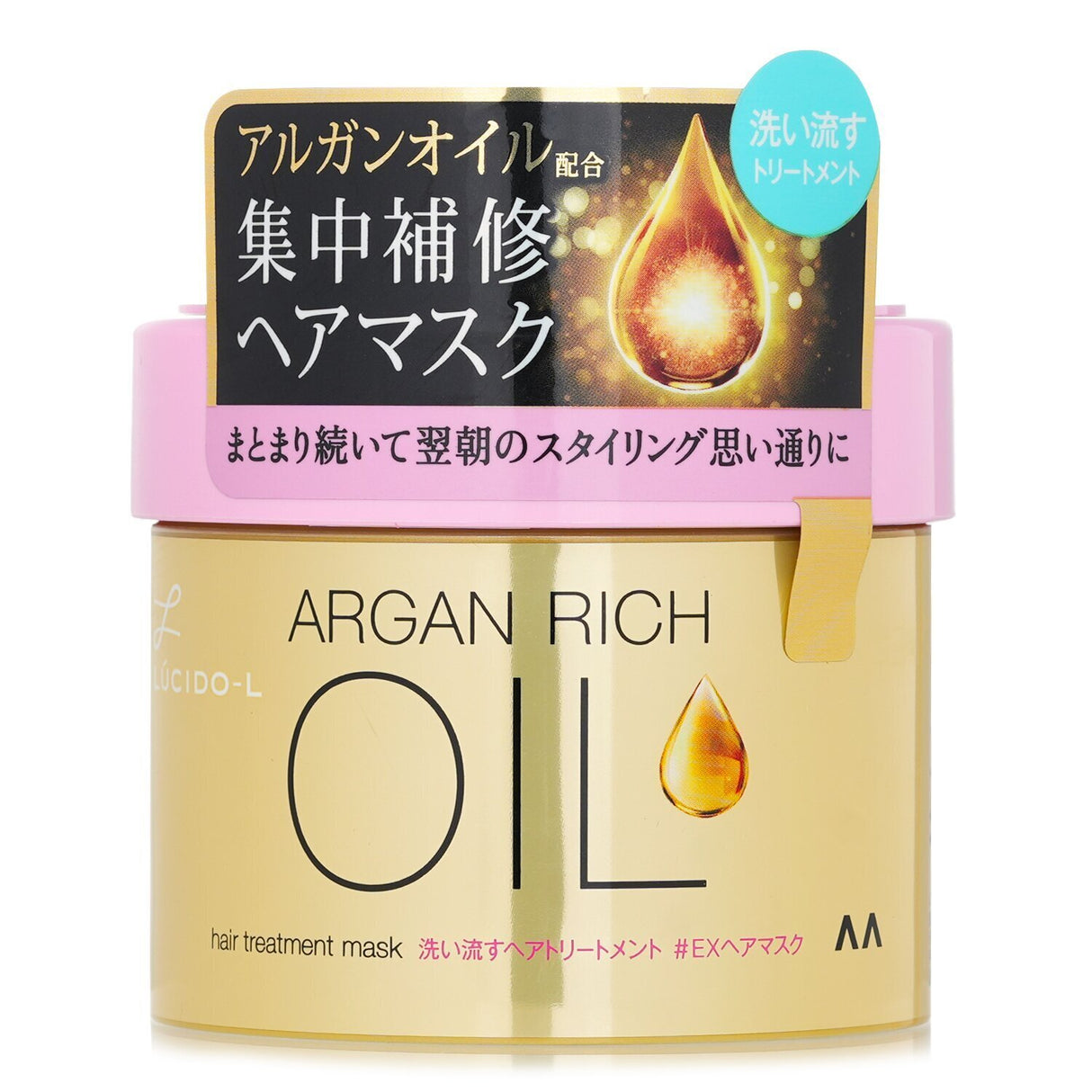 Nourishing Lucido-L Argan Oil Ex Hair Treatment Mask, 220g, revitalizes hair by repairing damage and boosting shine with floral scent.