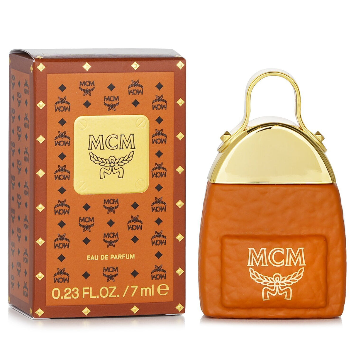 Miniature MCM Eau De Parfum spray in a stylish backpack-shaped bottle, featuring a floral woody fragrance blend.