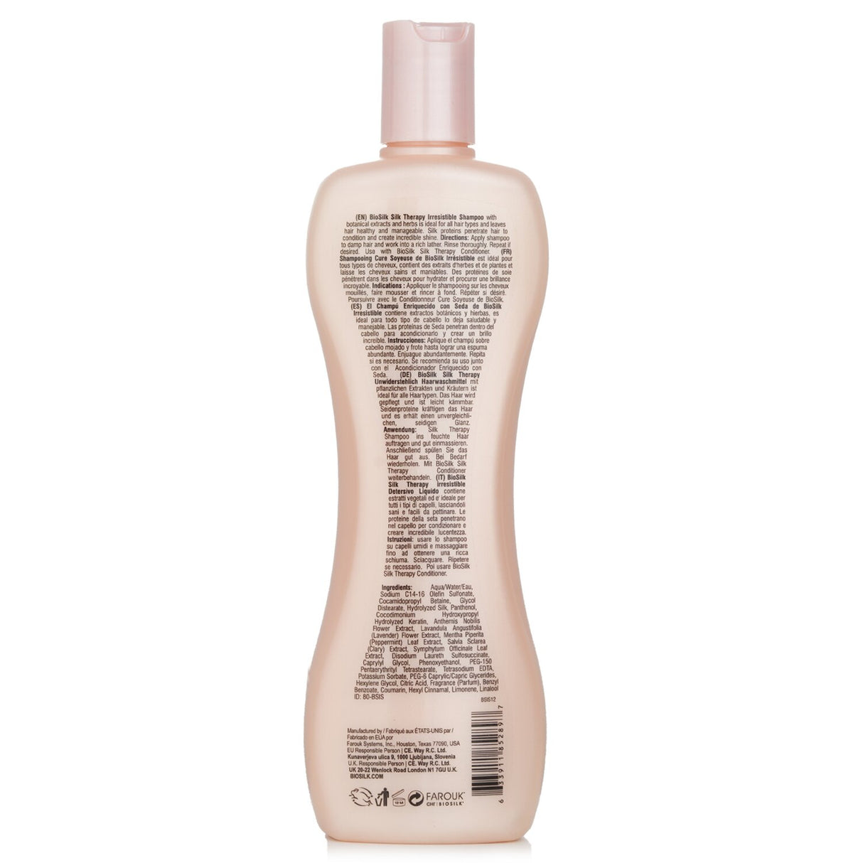 BioSilk Therapy Irresistible Shampoo in a 355ml bottle, nourishes hair with silk proteins, leaving it refreshed, shiny, and voluminous.