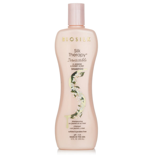 BioSilk Therapy Irresistible Shampoo 355ml, a moisturizing shampoo with silk proteins, botanical extracts, and a delightful fragrance.