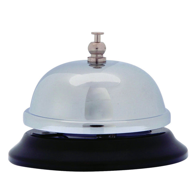 Sleek chrome and black Esselte Counter Bell designed for efficient customer service in offices and retail settings.