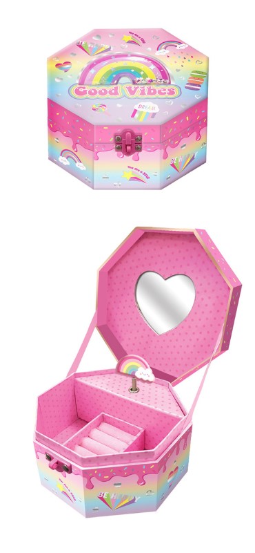 Colorful musical jewellery box featuring a twirling figurine, perfect for storing treasures and inspiring imagination.