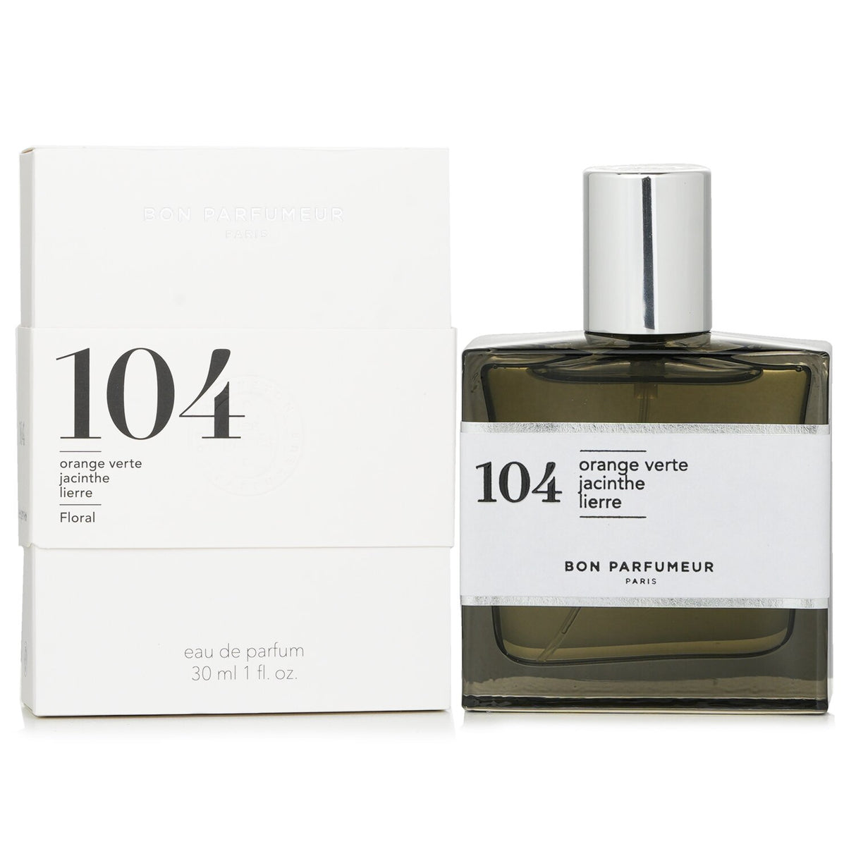 Bon Parfumeur 104 Eau De Parfum Spray showcasing a floral fragrance with notes of green orange, hyacinth, and ivy in a 30ml bottle.