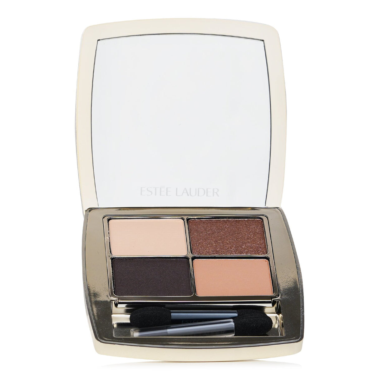 Luxurious Estee Lauder eyeshadow quad featuring four high-pigment shades in Sparkle, Satin, and Matte finishes for versatile looks.