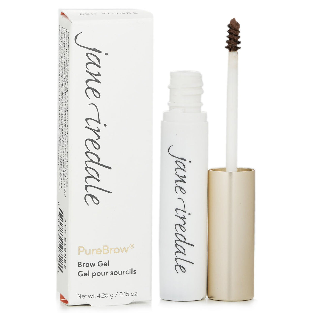 Jane Iredale PureBrow Gel in Ash Blonde, 4.25g, enhances brows with natural color and nourishing sea minerals for a smooth finish.