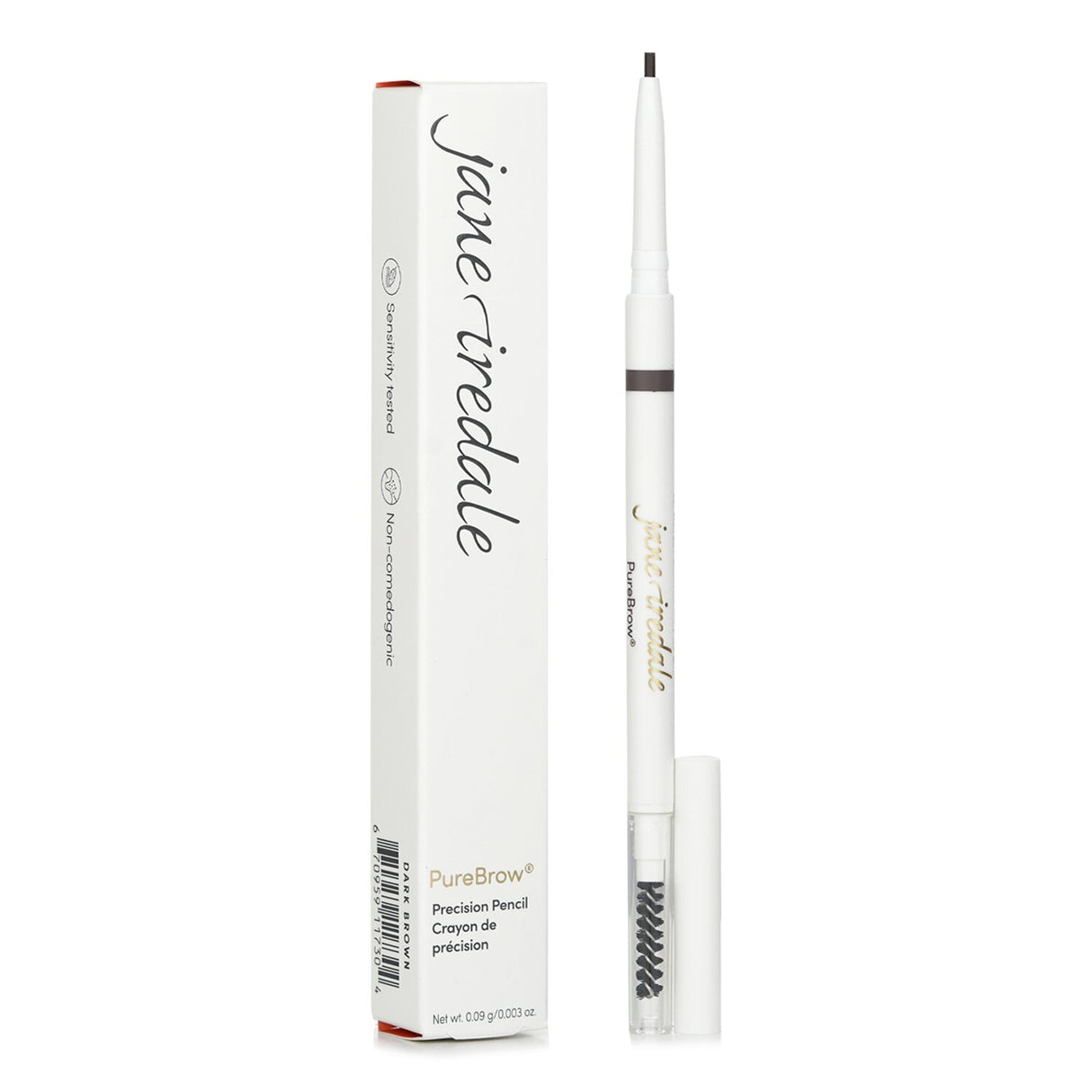 Retractable dark brown brow pencil with precision tip and spoolie brush for natural, defined eyebrows.