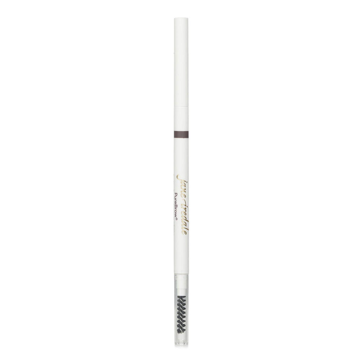 Retractable dark brown brow pencil with a fine tip and spoolie brush for defined, natural-looking eyebrows.