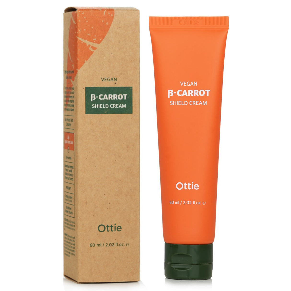 Ottie Vegan Beta Carrot Shield Cream in a 60ml jar, a nourishing moisturizer with organic carrot juice and plant extracts.