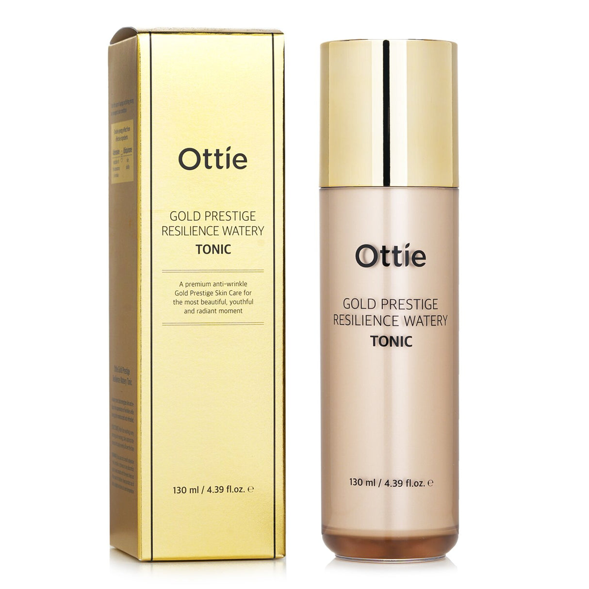 Ottie Gold Prestige Resilience Watery Tonic in a sleek 130ml bottle, offering anti-wrinkle hydration and skin revival.