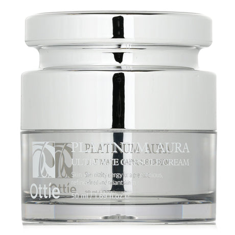 Ottie Platinum Aura Ultimate Capsule Cream in 50ml, anti-wrinkle and whitening formula with black caviar extract and colloidal platinum.