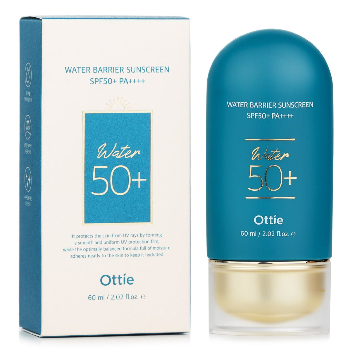 Ottie Water Barrier Sunscreen SPF50+ PA++++ in a 60ml tube, offers hydration and protection with a non-greasy, lightweight formula.