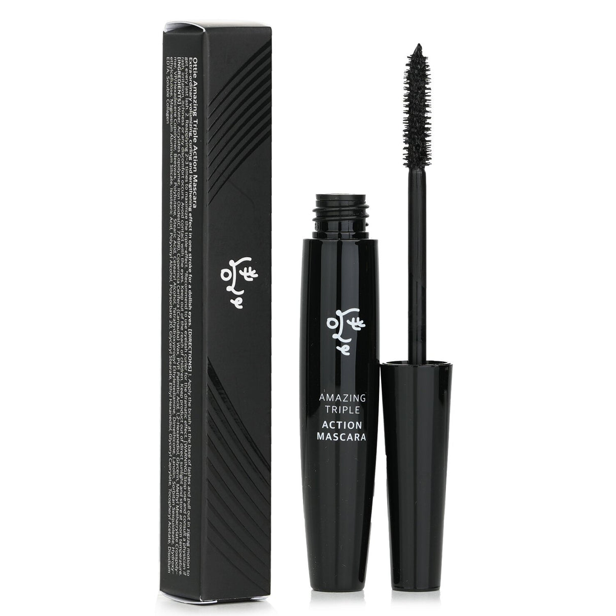 Ottie Amazing Triple Action Mascara in #Black for volumizing, curling, and lengthening lashes; features a unique straight-line brush.