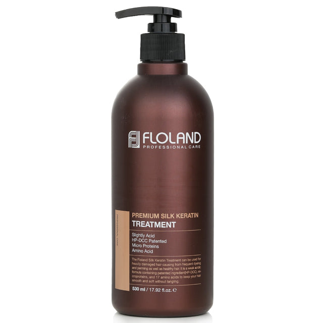 Floland Premium Silk Keratin Treatment restores dry, damaged hair with a nourishing blend of keratin and essential oils.