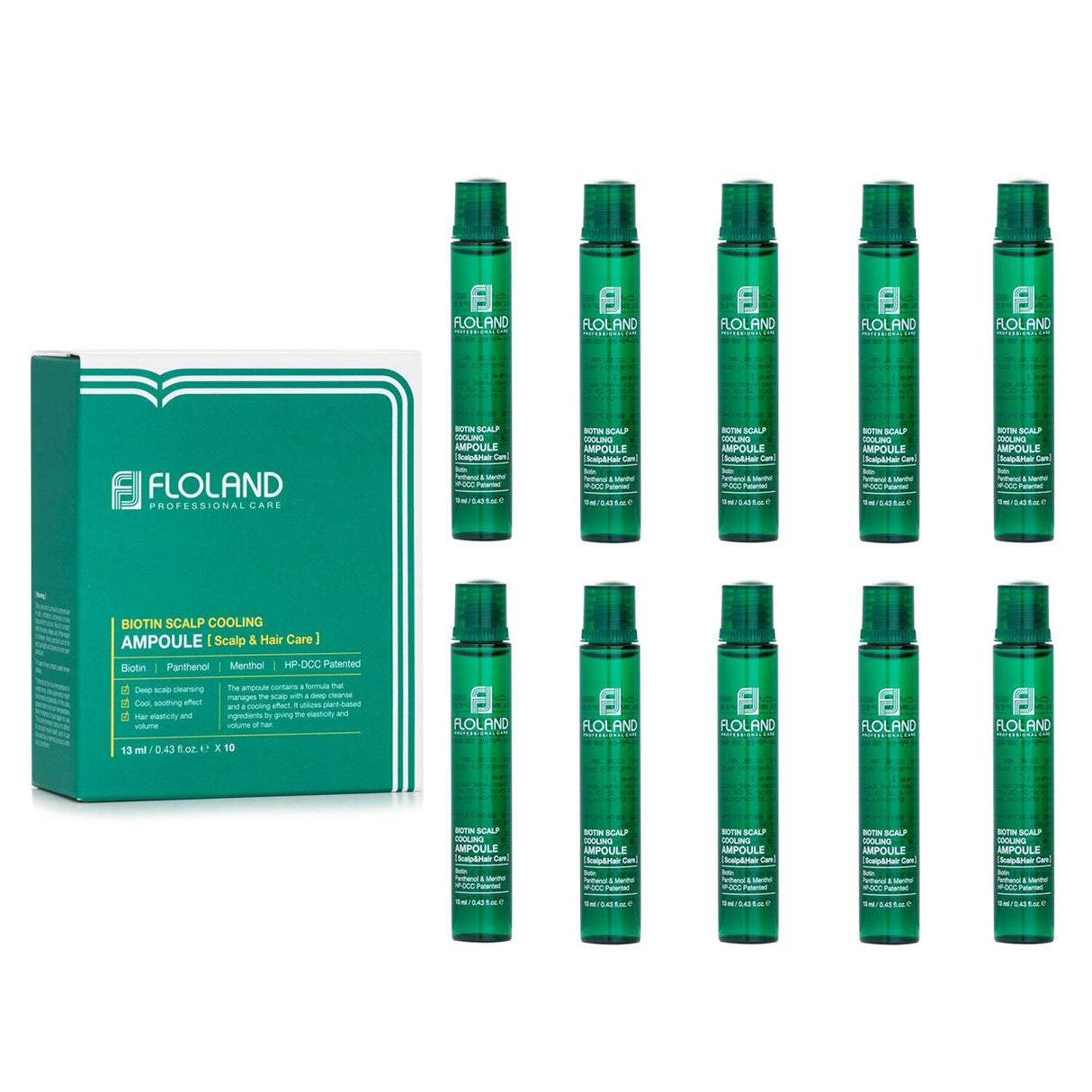 Floland Biotin Scalp Cooling Ampoule set with 10 ampoules, revitalizing hair and scalp care with nourishing ingredients.