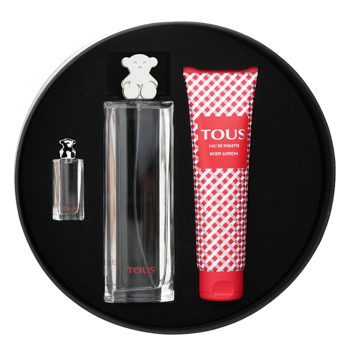 Tous Eau De Toilette Spray set with 90ml and 4.5ml sprays plus 150ml Body Lotion, offering a luxurious fragrance experience.