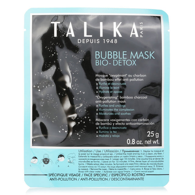 Oxygenating Talika Bubble Mask with bamboo charcoal and probiotic extract for detoxifying and revitalizing skin.