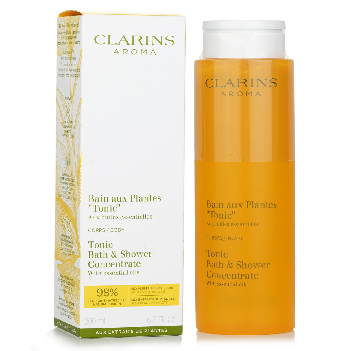 Clarins Tonic Bath & Shower Concentrate, 200ml, infused with rosemary and mint essential oils for revitalizing skin health.