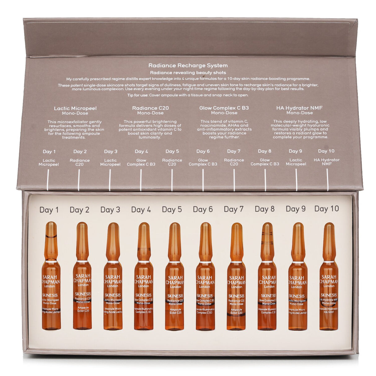 Sarah Chapman Skinesis Radiance Recharge System with 10 individual doses to brighten and rejuvenate dull skin.