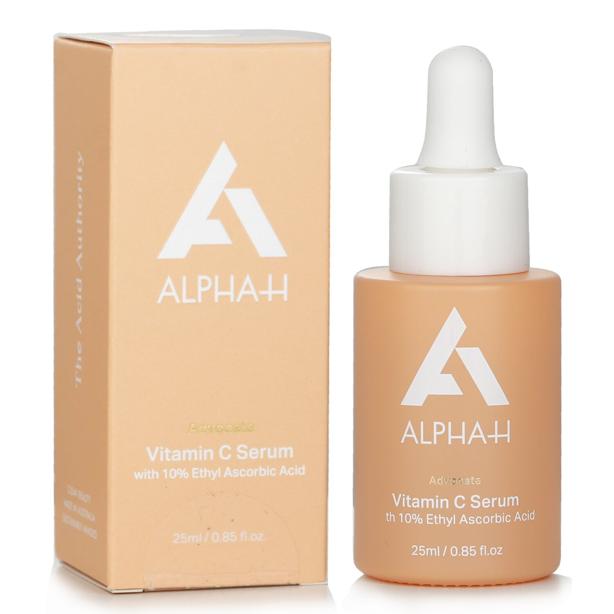 Bottle of Alpha-H Vitamin C Serum with 10% Ethyl Ascorbic Acid, designed for brightening and hydrating dull skin.