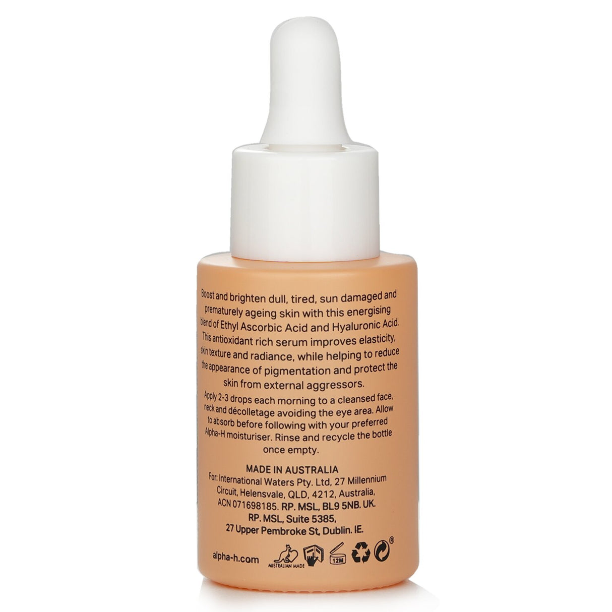 Alpha-H Vitamin C Serum in a 25ml bottle, featuring 10% Ethyl Ascorbic Acid for brighter, hydrated skin.