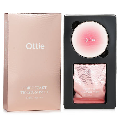 Ottie Objet D'art Tension Pact SPF50 PA++++ in #21 Light, offering lightweight coverage, skincare benefits, and high sun protection.