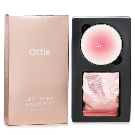 Ottie Objet D’art Tension Pact SPF50 PA++++ #23 Natural, a hydrating foundation with high coverage and UV protection, 2x15g.