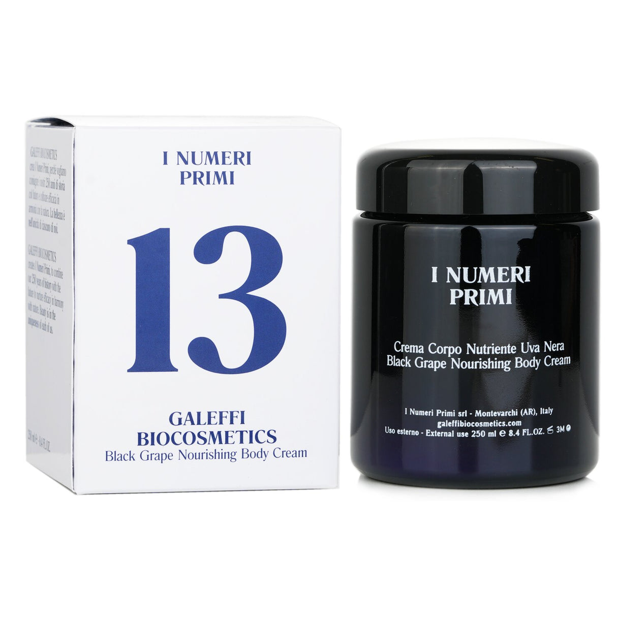 I Numeri Primi - N.13 Black Grape Nourishing Body Cream in 250ml, featuring a velvety texture and natural hydrating ingredients.