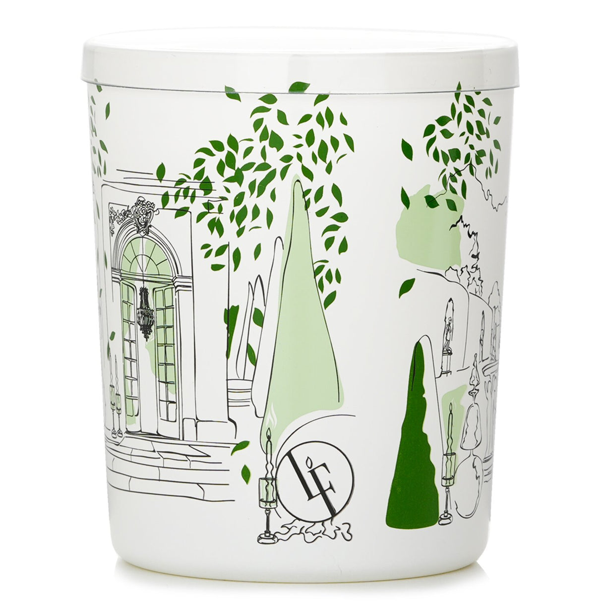 Scented candle in geometric white glass, infused with green and floral notes, evoking a serene French garden ambiance.