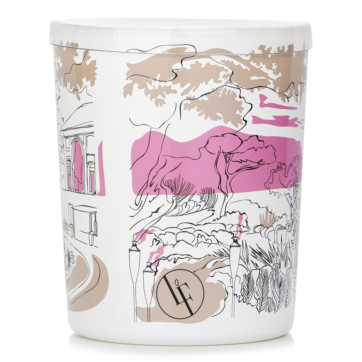 Luxurious Mediterranean Garden Candle in white glass, featuring floral and fruity scents; burns for 40 hours, handcrafted in France.