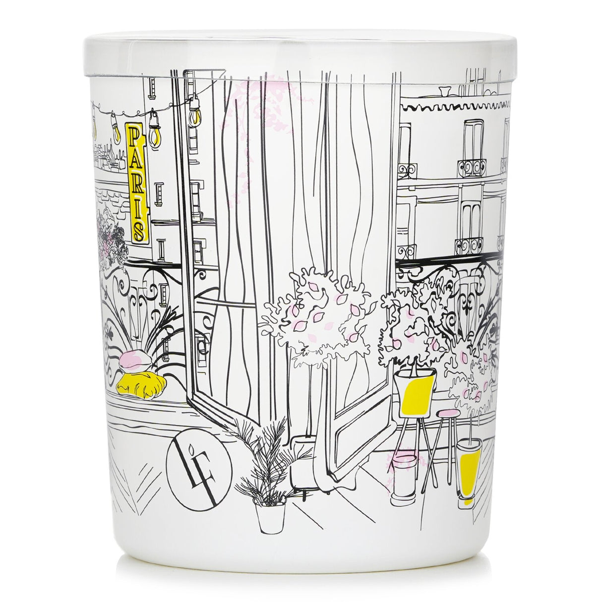 Bougies la Francaise Garden At The Balcony Scented Candle in a white glass container, offering a floral fruity fragrance for cozy ambiance.