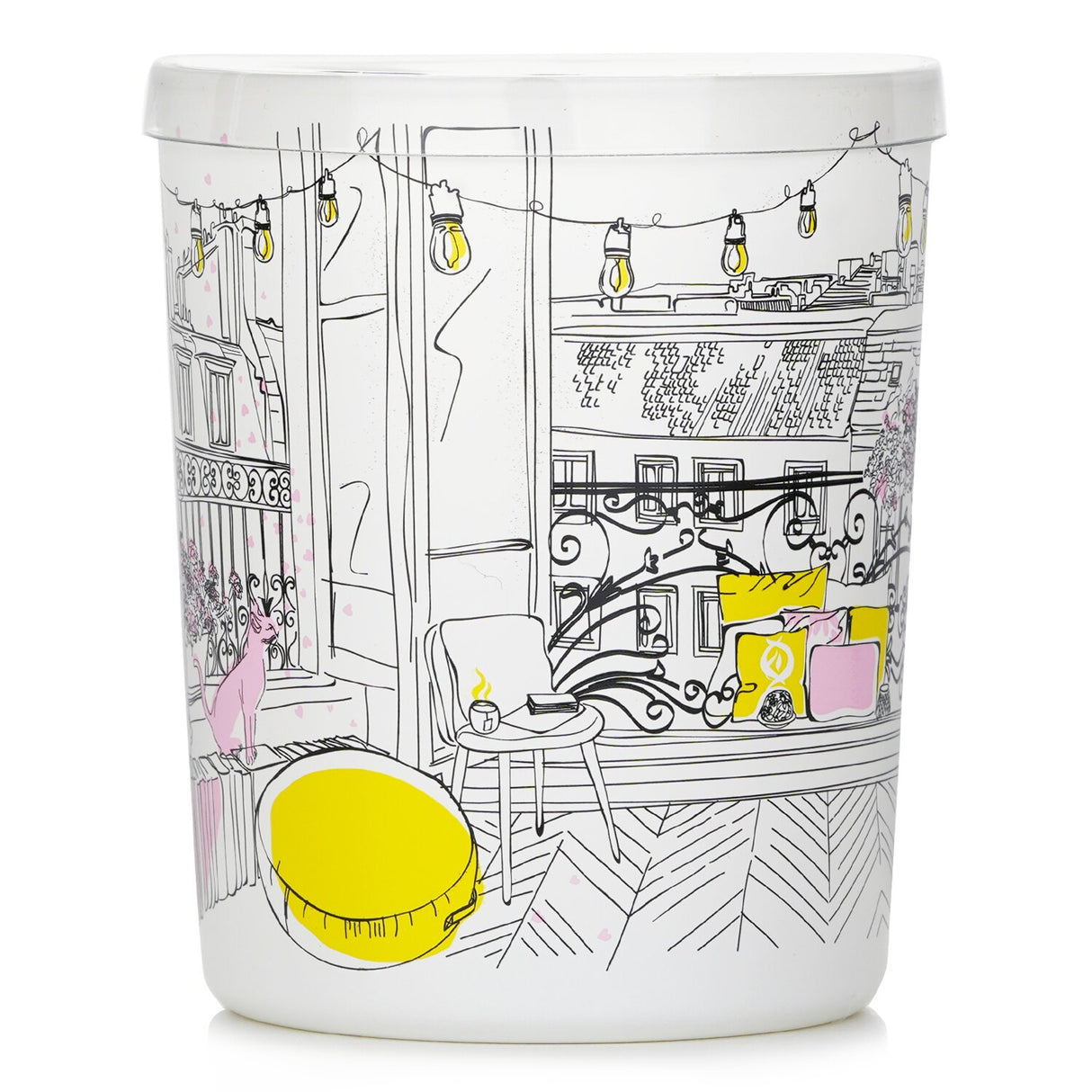 Elegant white glass container holding a floral fruity scented candle, inspired by a sunny balcony garden, 180g/6.35oz.
