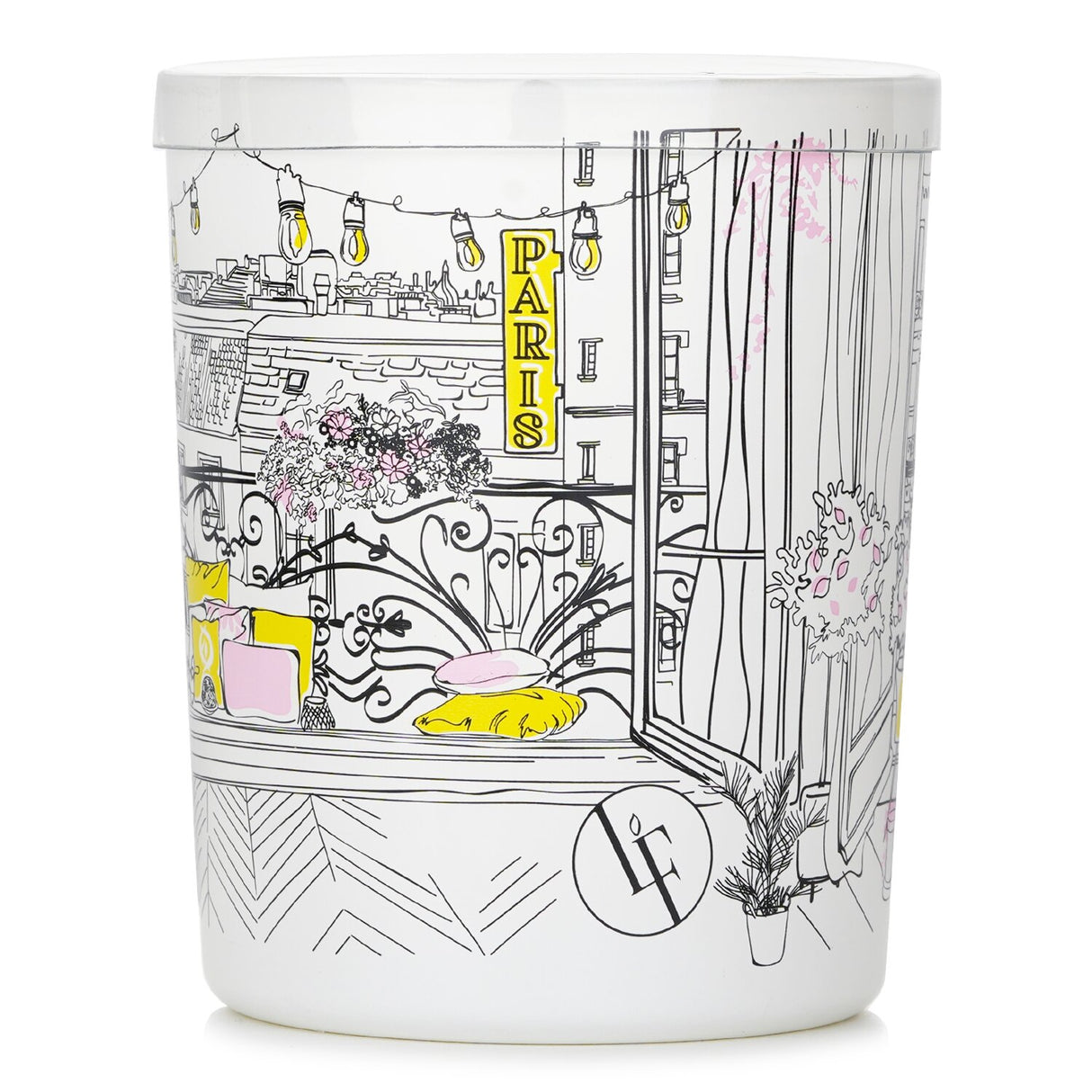 Scented candle in white glass, inspired by a floral balcony, offering a 40-hour burn and sunny, fruity fragrance.