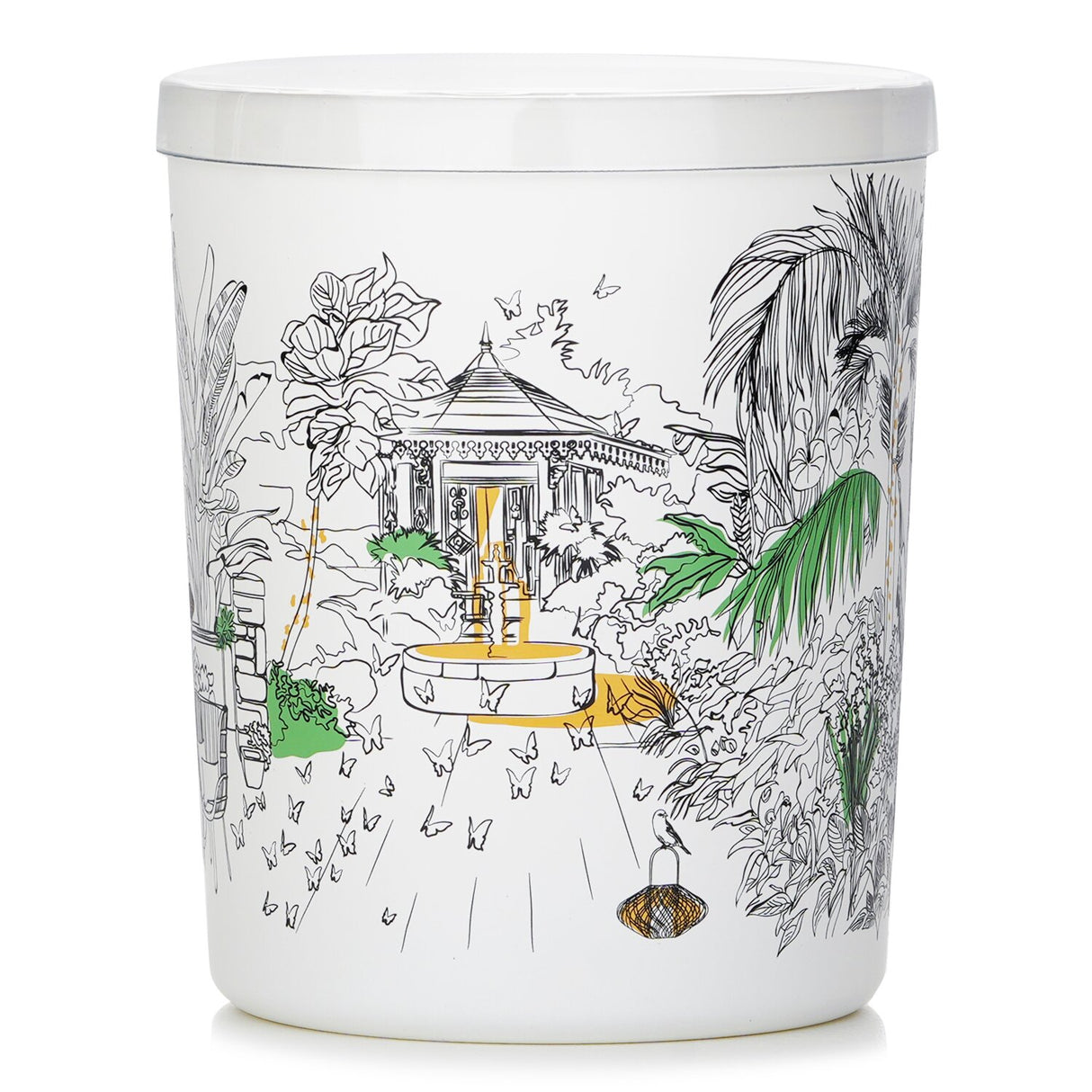 Spice Garden Candle in elegant white glass, infused with saffron, pepper, and cinnamon for a tropical escape.