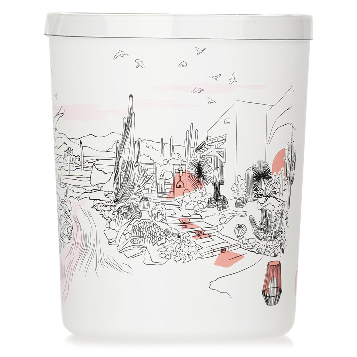 Desert Garden scented candle in a white glass container, combining cacti and coconut milk aromas for a tranquil ambiance.