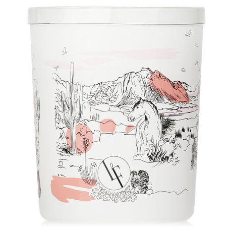 Scented candle in white glass, blending cacti and coconut milk for a tranquil desert oasis experience, lasting up to 40 hours.
