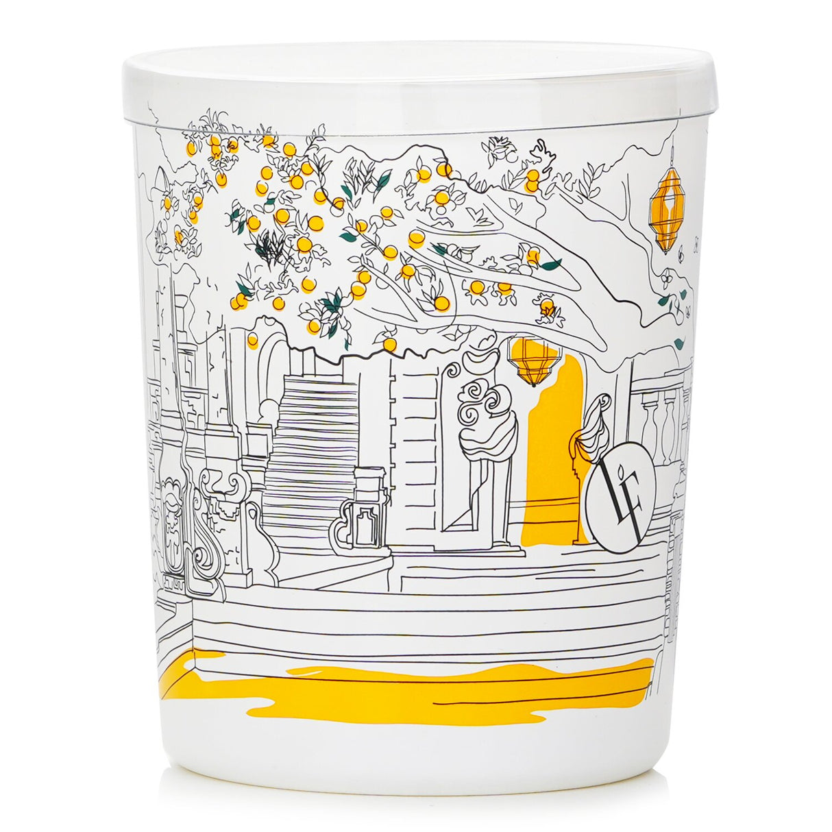 Elegant white glass candle featuring a vibrant, fruity garden scent with illustrations of orange trees; burns for 40 hours.