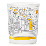 Elegant white glass candle featuring a vibrant, fruity garden scent with illustrations of orange trees; burns for 40 hours.