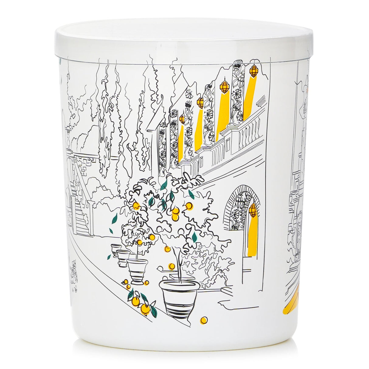 Bougies la Francaise Hesperides Garden scented candle in a white glass, featuring fruity aromas and orange tree illustrations.