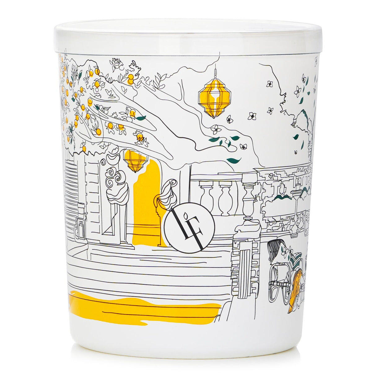 Hesperides Garden Scented Candle in white glass, featuring fruity notes and orange tree designs, burns for 40 hours.