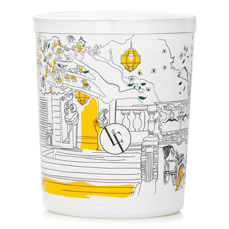 Hesperides Garden Scented Candle in white glass, featuring fruity notes and orange tree designs, burns for 40 hours.